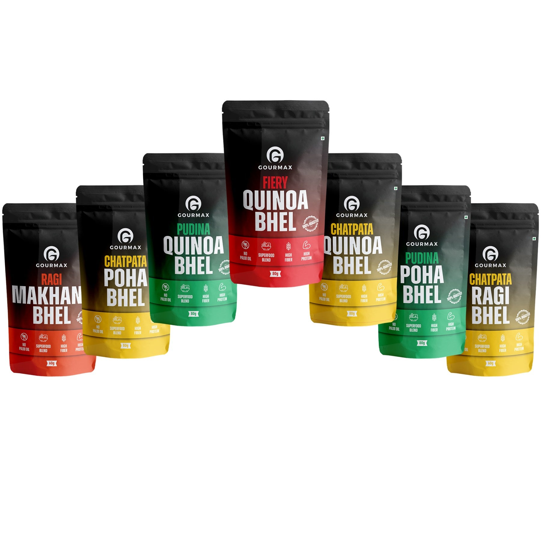 Indian Healthy Snack Collection Pack, Quinoa Bhel, Pudina Poha, Chatpata Bhel, Fiery Ragi Bhel, Makhan Bhel, Pack of 7