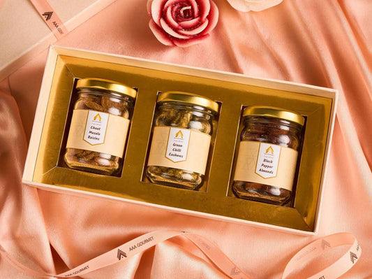 Gourmax Gourmet Trio Gift Box – Chaat Raisins, Green Chilli Cashews & Black Pepper Almonds