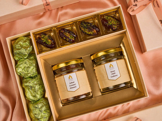 Gourmax Premium Gourmet Hamper – Salted Caramel Almonds, Green Chilli Cashews & Stuffed Dates Delight